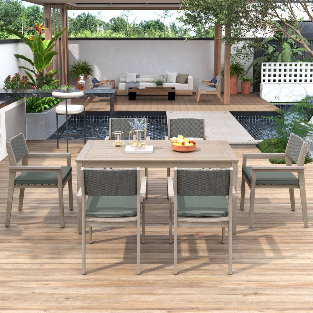 White Washed 7-Piece Acacia Wood Outdoor Dining Set with Rattan Backrest an