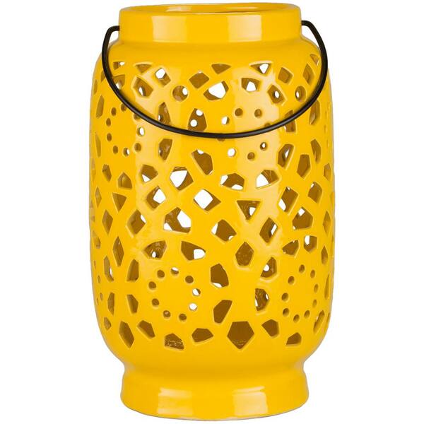 Livabliss Kimba 11 in. Mustard Ceramic Lantern