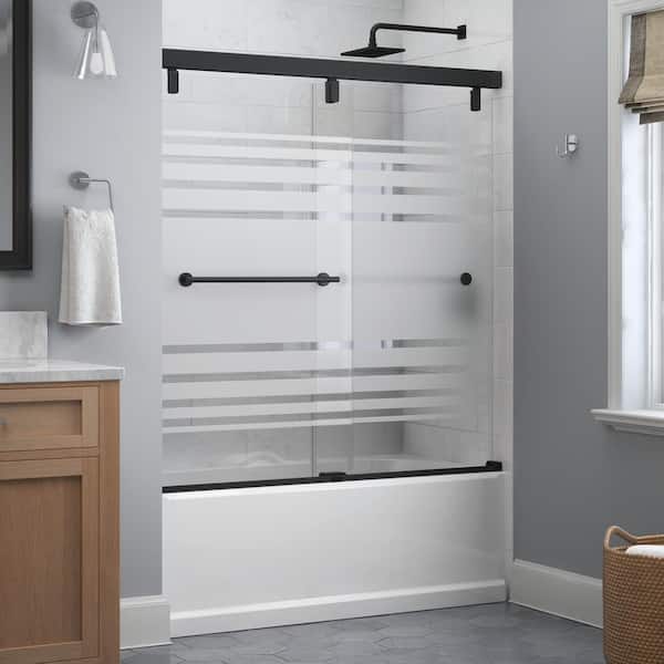 Delta Lyndall Mod 50-1/8 to 58-1/2 in. W x 59- H Soft-Close Frameless Sliding Tub Door, Matte Black, Transition Glass