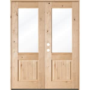 64 in. x 96 in. Rustic Knotty Alder Clear Half-Lite Unfinished Wood with V-Groove Right Active Double Prehung Front Door