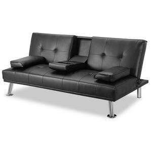 32 in. Square Arm Faux Leather Straight Sofa in Black
