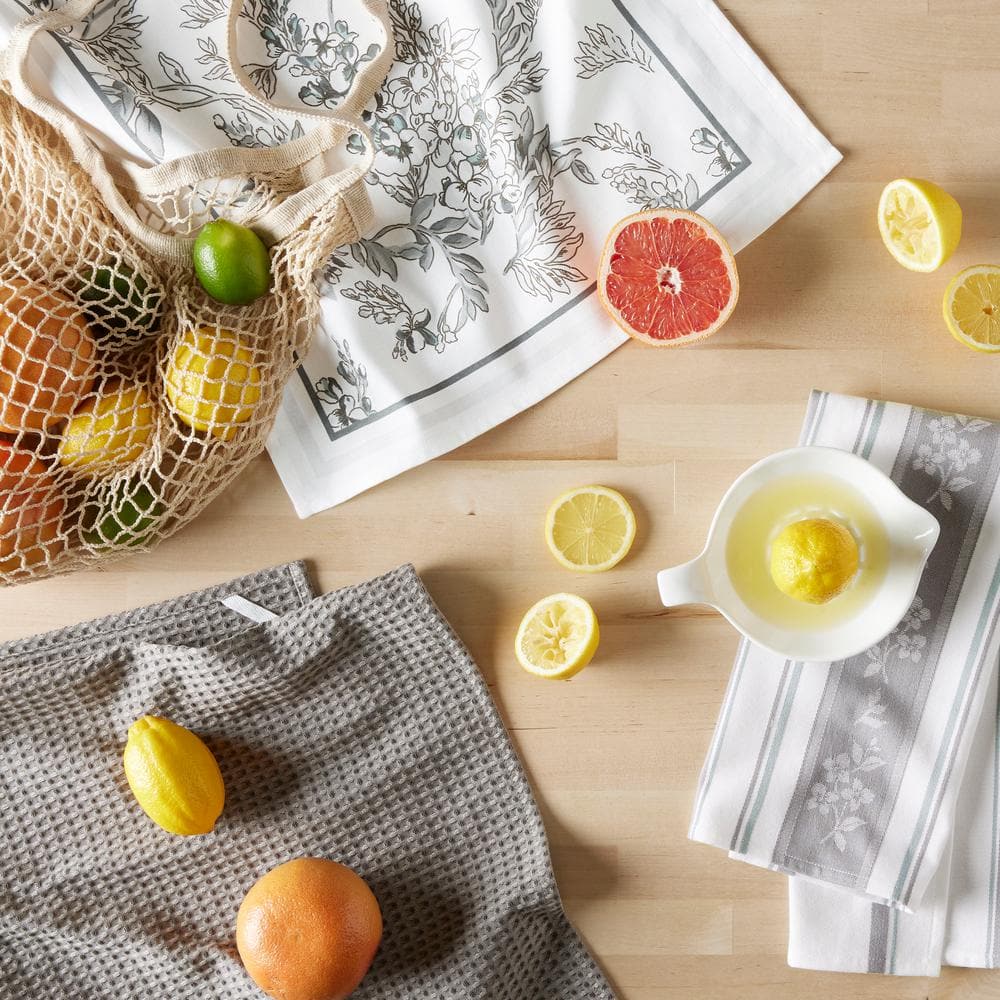 Gray and White Cotton Jacquard Stripe Kitchen Towel Set, 3-Pack