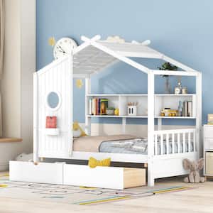White Wood Twin Size House Bed with 2 Under-bed Drawers, Storage Shelves and Shelf Compartment