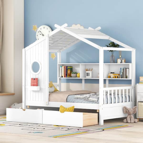 Harper & Bright Designs White Wood Twin Size House Bed with 2 Under-bed Drawers, Storage Shelves and Shelf Compartment