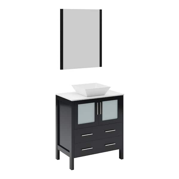 Fresca Torino 30 in. Vanity in Espresso with Glass Stone Vanity Top in White with White Basin and Mirror (Faucet Not Included)