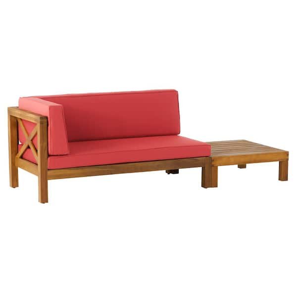 Noble House Elisha Teak 2-Piece Wood Left-Armed Outdoor Patio Conversation Set with Red Cushions