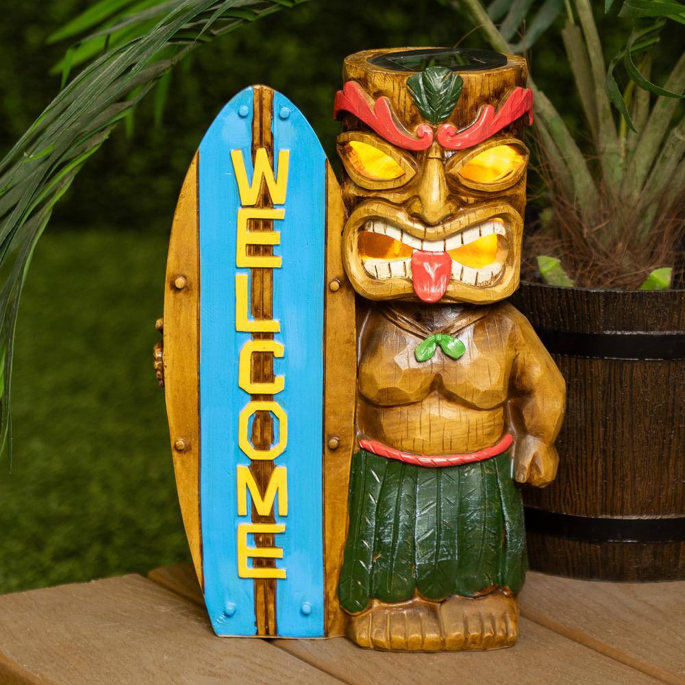 Solar Tiki Statue with Welcome Surfboard and LED Lights