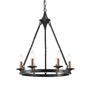 Hartwell 6-Light Antique Black Modern Farmhouse Round Candlestick Chandelier with Brass Candle Sleeves