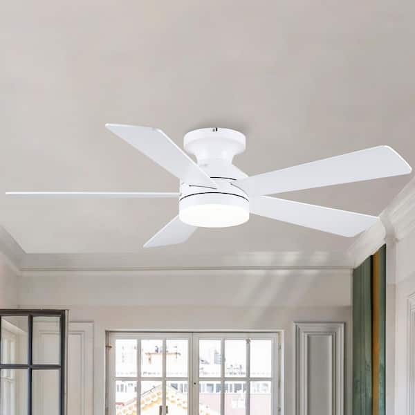 46 in. Indoor Integrated LED Light Flush Mount White Ceiling Fan with Reversible DC Motor and Remote Control