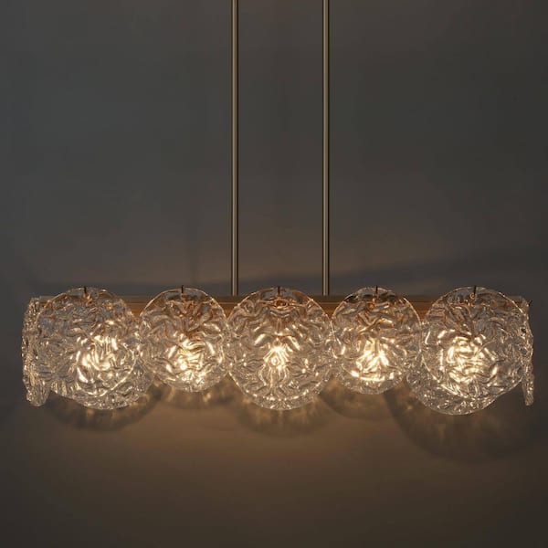 33 in. 5-Light Dark Gold Island Chandelier Lighting, Modern Farmhouse Pendant Light with Water Ripple Clear Glass Shade