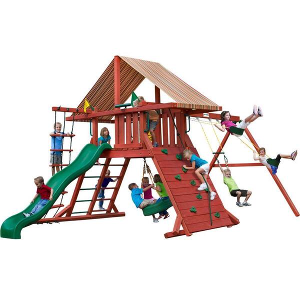 Gorilla Playsets Sun Climber I Wooden Swing Set with Sunbrella Canvas Brannon Redwood Canopy and Tire Swing