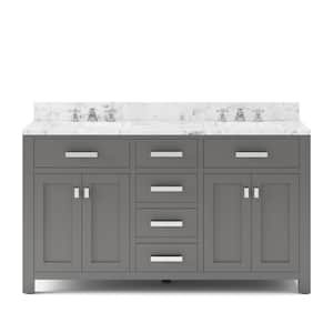 Madison 60 in. W x 21.5 in. D x 34 in. H Double Sink Bath Vanity in Cashmere Grey with Carrara White Marble Top