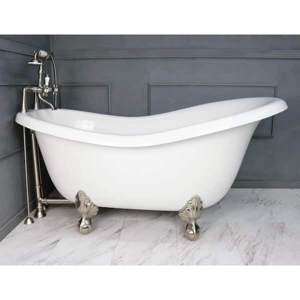 American Bath Factory 67 in. AcraStone Acrylic Slipper Clawfoot Non-Whirlpool Bathtubin White with Large Ball, Clawfeet Faucet in Satin Nickel