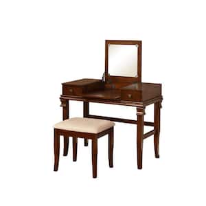 Angela Walnut Finish Lift Top Vanity Set with Stool and Two Drawers