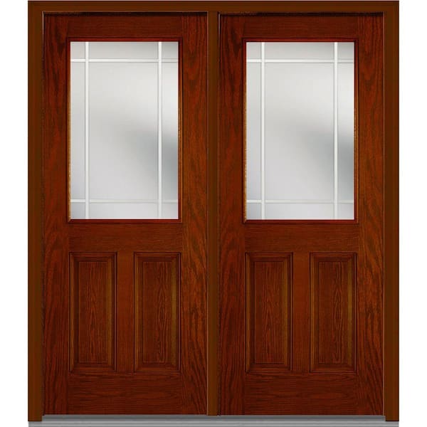 MMI Door 72 in. x 80 in. Prairie Internal Muntins Right-Hand Inswing 1/2-Lite Clear Stained Fiberglass Oak Prehung Front Door
