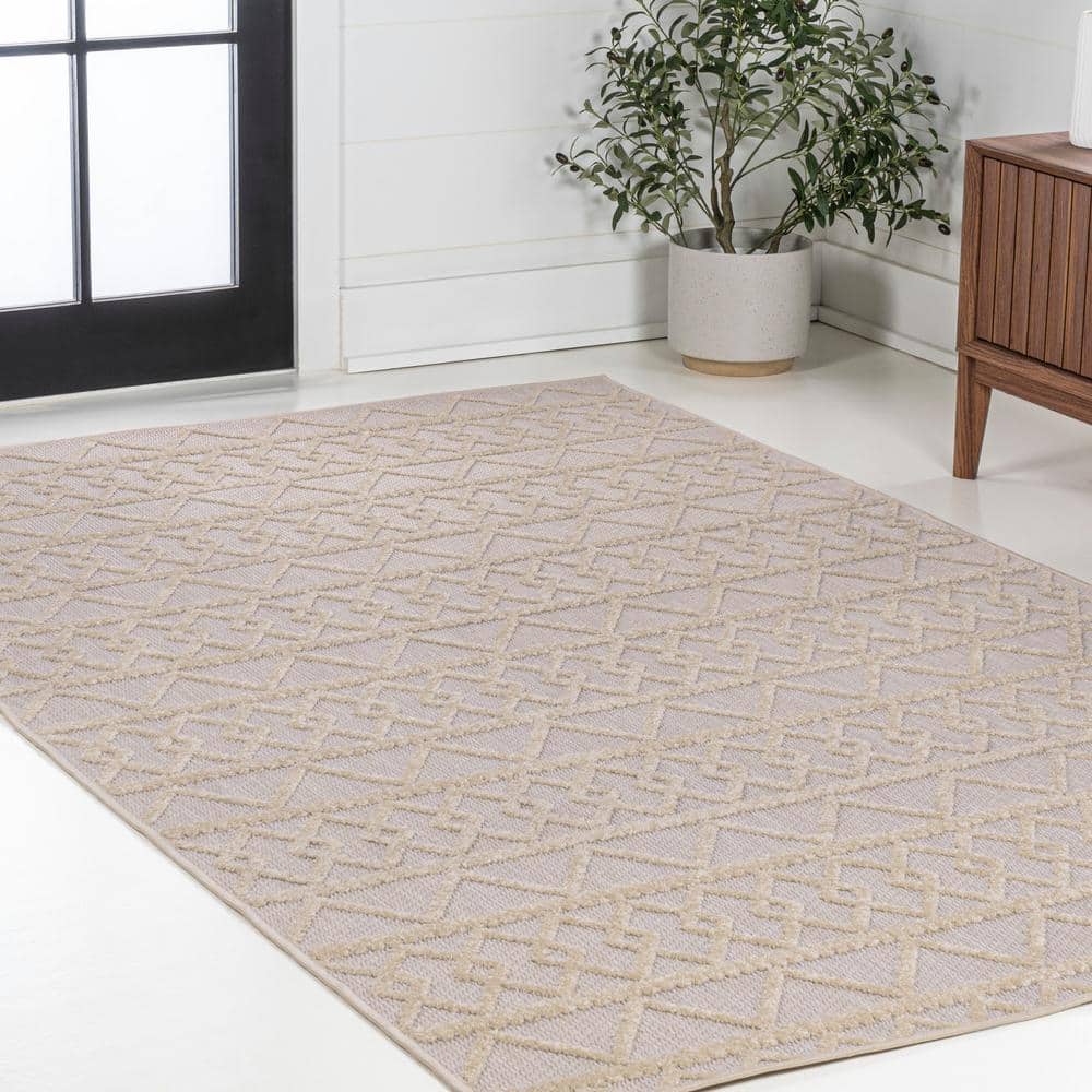 Aylan Beige High-Low Pile Geometric Indoor/Outdoor Area Rug