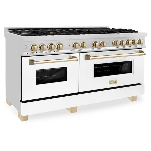 ZLINE 48 Autograph Edition Kitchen Package with Stainless Steel Dual Fuel Range with White Matte Door, Range Hood and Dishwasher with Gold Accents