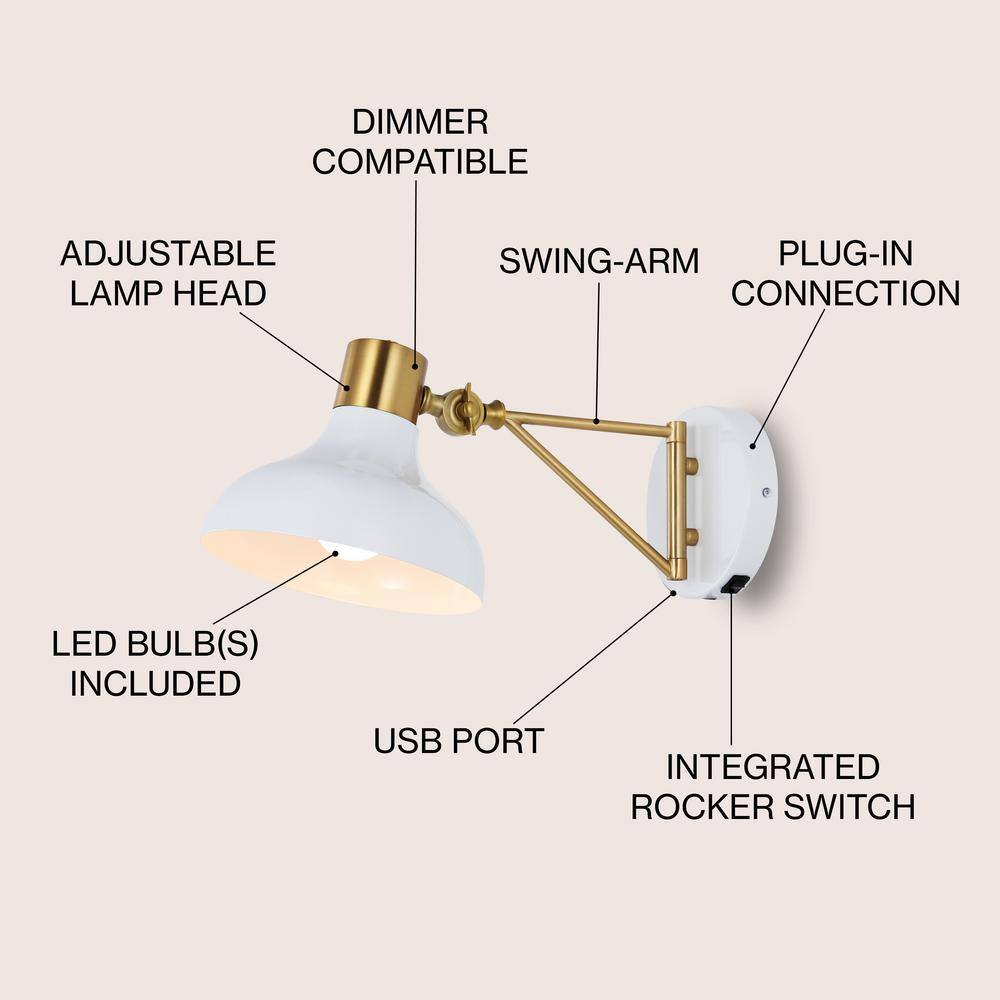 White and Brass Gold Iron Swing Arm Wall Sconce with USB Charging Port