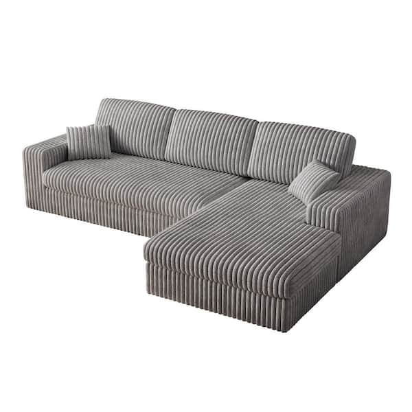 Hoyle 114.5 in. Convertible Corduroy Modular Compression Sectional Sofa in Grey with Reversible Chaise Lounge, Pillows