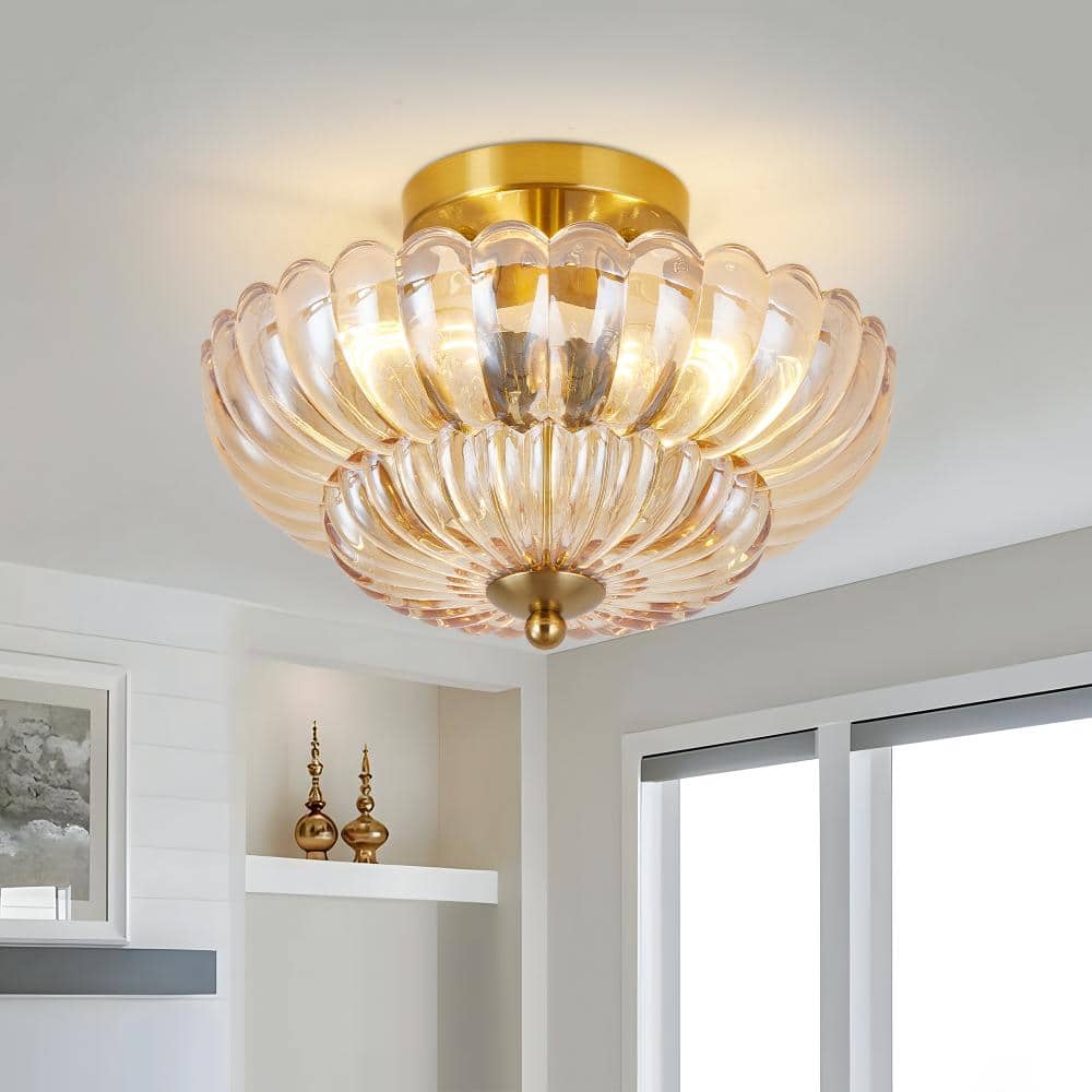 11.8 in. 3-Light Vintage Close to Semi Flush Mount Ceiling Light Fixtures with Flower Glass, Gold price history on PriceWatchPro