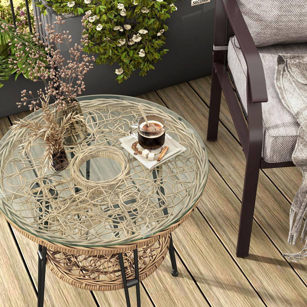 Tiny Natural Rattan and Glass Round Outdoor Side Table