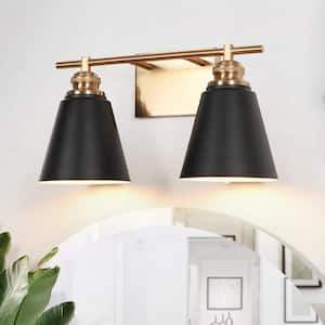 Modern 16 in. 2-Light Brushed Gold Vanity Light with Black Metal Shades