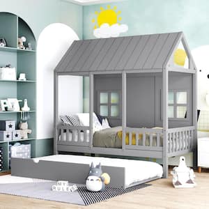 Gray Twin Size Wood House Bed with Twin Size Trundle, Guardrails, Roof, and Windows