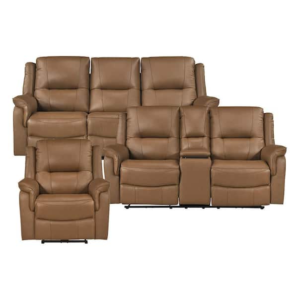 Vorin 81.5 in. W Pillow Top Arms Leather Rectangle 3-Piece Manual Double Reclining Sofa Set in Brown