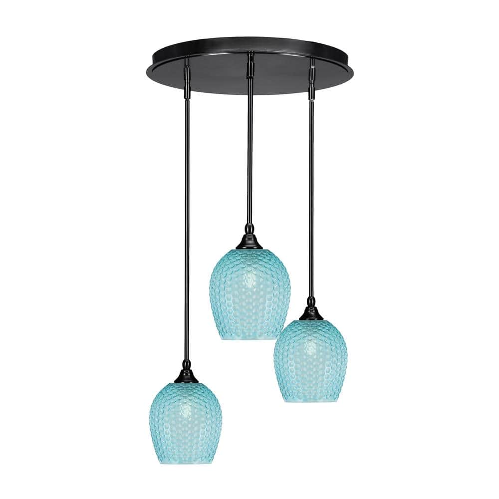 Villa 19.25 in. 3-Light Matte Black Cluster Pendant Light with 7.5 in. Turq