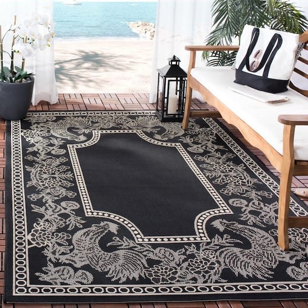 Courtyard Black/Sand 8 ft. x 11 ft. Border Indoor/Outdoor Patio  Area Rug