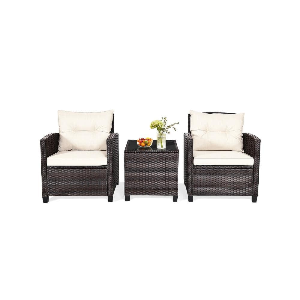 3-Piece PE Rattan Swivel Patio Chair Set with Table and Cushions for Patio and Porch, White price history on PriceWatchPro