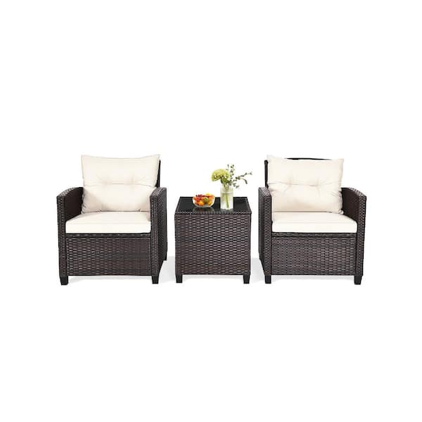 3-Piece PE Rattan Swivel Patio Chair Set with Table and Cushions for Patio and Porch, White
