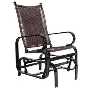 Black Aluminum Frame Outdoor Glider Chair, Patio Swing Rocking Lounge Chair with Brown Wicker Seat