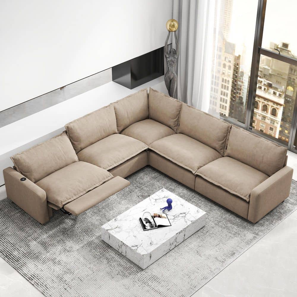 J&E Home 112.6 in. Square Arm 5-Piece Linen Modular Free