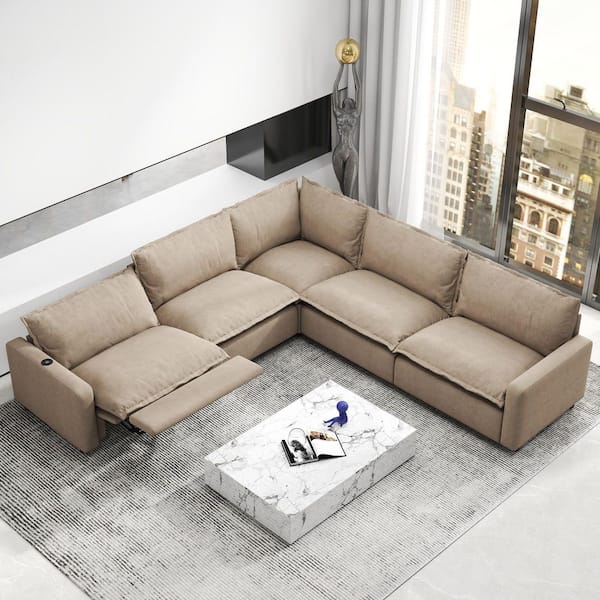 112.6 in. Square Arm 5-Piece Linen Modular Free Combination Heated Power Reclining Sectional Sofa in Brown