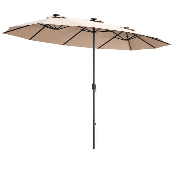 FORCLOVER 15 ft. Market Patio Umbrella with LED Lights without Weight Base in Beige