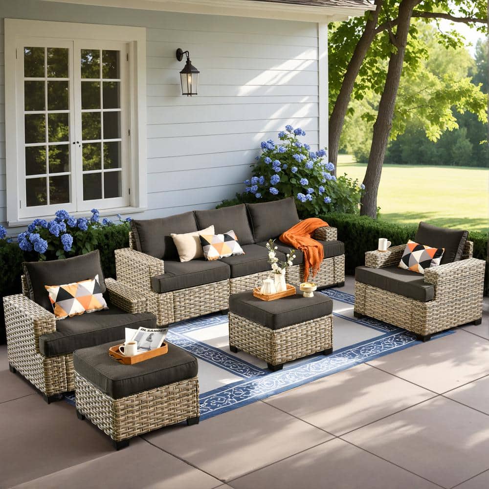 HOOOWOOO Merritt 7-Piece Wicker Modern Outdoor Patio Conversation Sofa Seating Furniture Set with Black Cushions