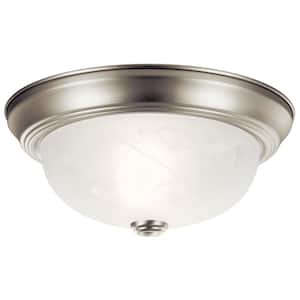 Independence 11.25 in. 2-Light Brushed Nickel Traditional Hallway Flush Mount Ceiling Light with Alabaster Swirl Glass