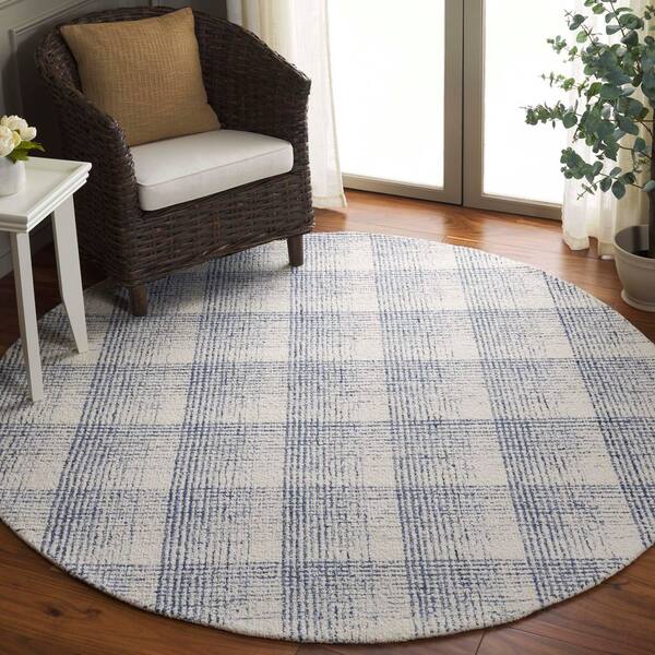 Ebony 6 ft. ft. x 6 ft. Ivory/Blue Check Round Rug