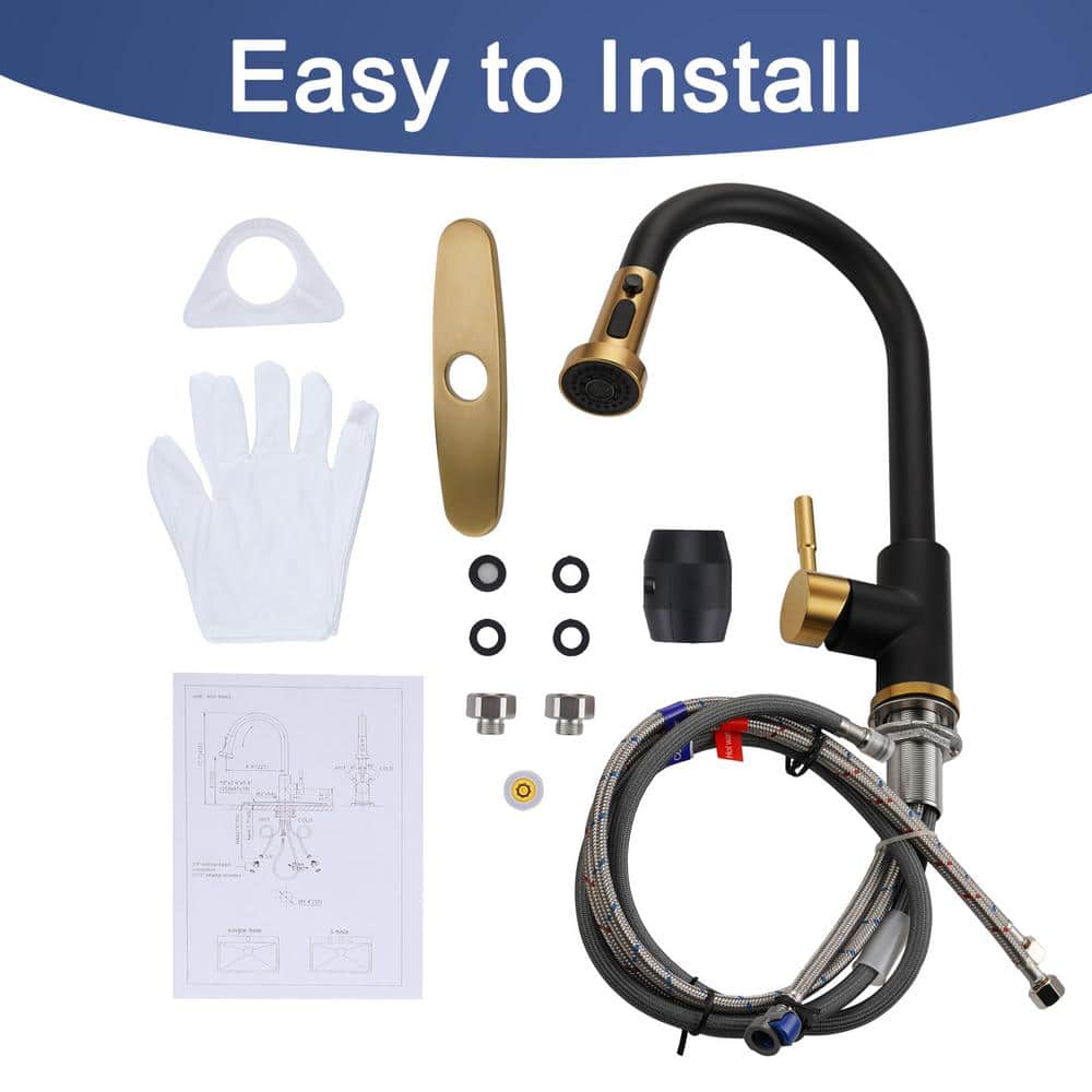 Gold and Black Stainless Steel High-Arc Kitchen Faucet with Pull-Out Spray