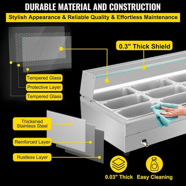 VEVOR 10 Pan 120 Quarts Commercial Food Warmer with Tempered Glass Cover,  1800W Countertop Stainless Steel Buffet Bain Marie