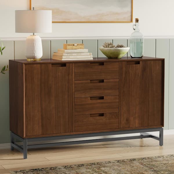 Banting and Metal 60 in. x 18 in. Rectangle Industrial Sideboard with Centre Drawers in Walnut Veneer