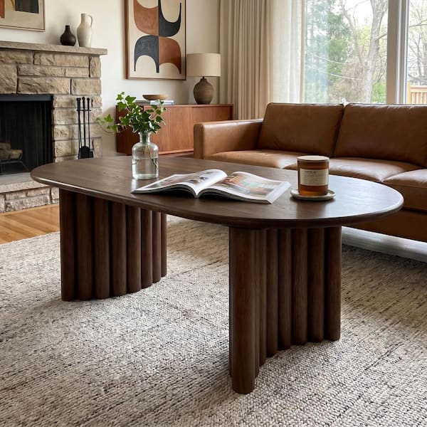 Haiden 51 in. Modern Walunt Wood Oak Oval Wood Coffee Table
