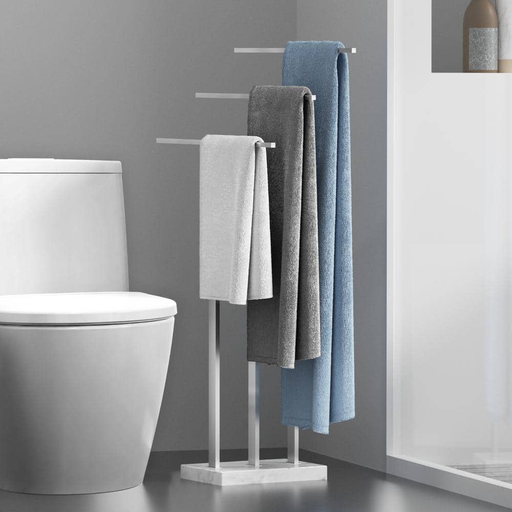Brushed Steel Freestanding Triple Towel Rack with Marble Base