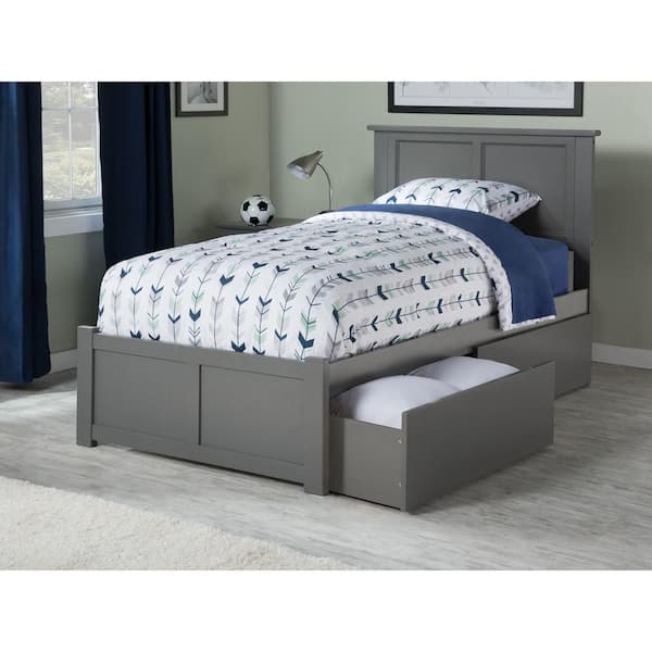 AFI Madison Grey Twin Solid Wood Storage Platform Bed with Flat Panel Foot Board and 2 Bed Drawers