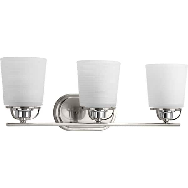 Progress Lighting West Village Collection 3-Light Brushed Nickel Etched Double Prismatic Glass Farmhouse Bath Vanity Light