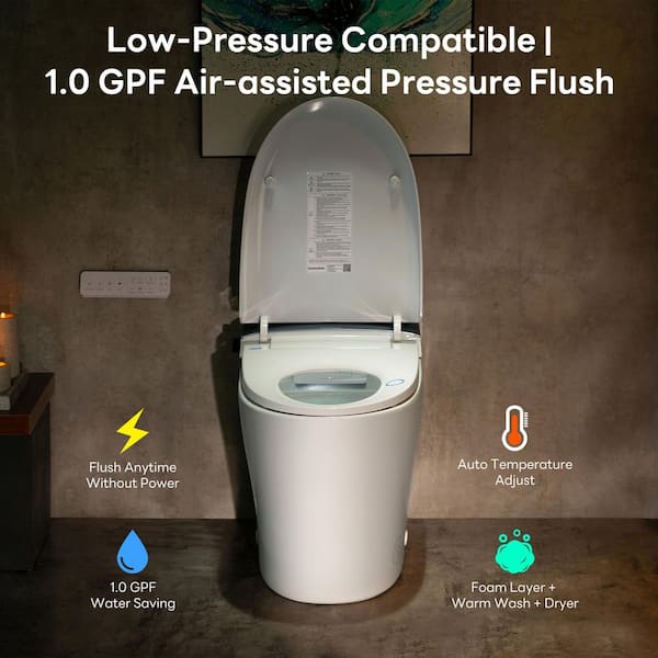 Low-Pressure Compatible Elongated Electric Bidet Toilet 1.0 GPF in White with Foam Shield, Auto Flush, Foot Sensor