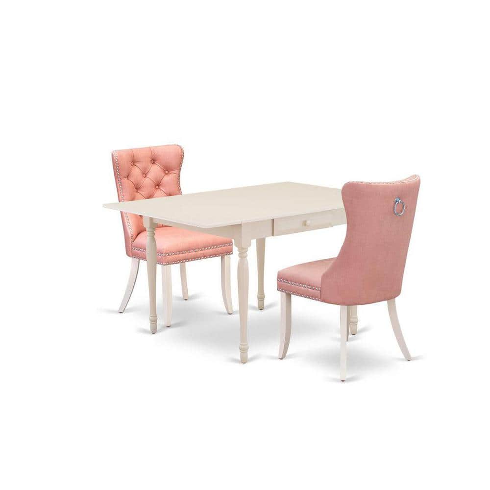 3-Piece Linen White Finish Rectangular Solid Wood Top with Dropleaf Dining Table Set