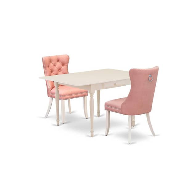 East West Furniture 3-Piece Linen White Finish Rectangular Solid Wood Top with Dropleaf Dining Table Set