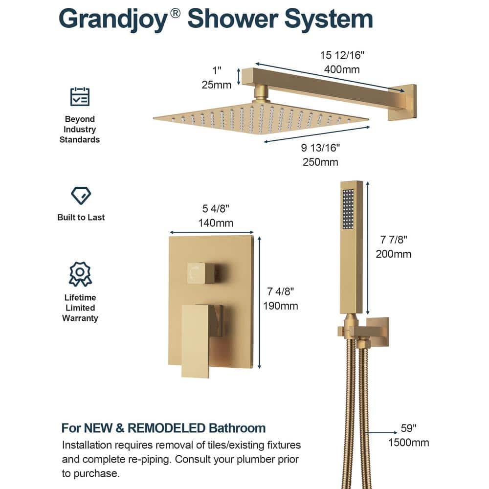 Grandjoy 10" Brushed Gold Rainfall Shower Head System with Handheld Spray